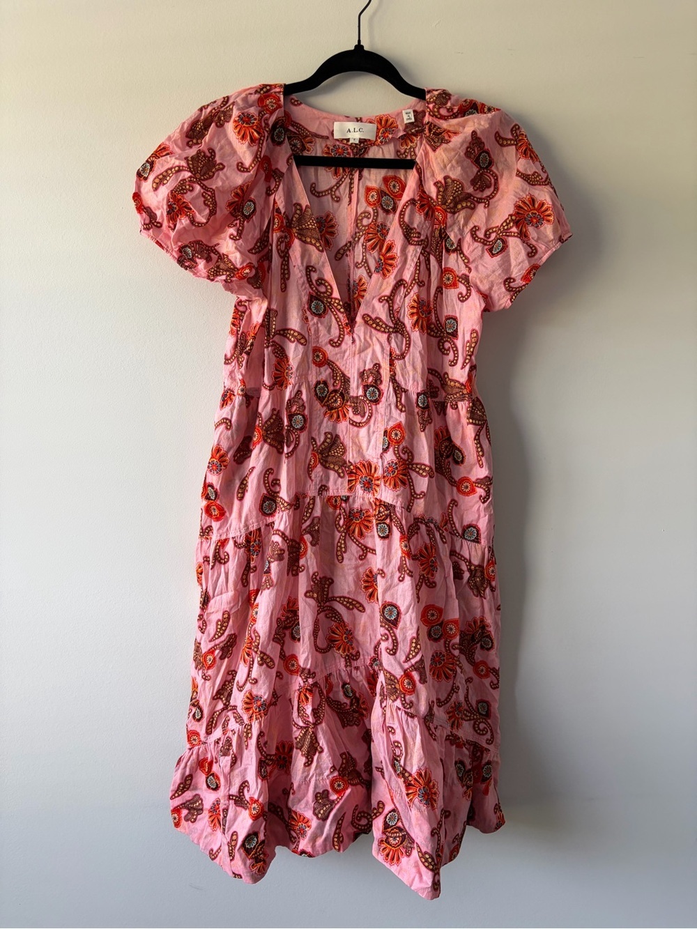 ALC Pink Floral Puff Sleeve Midi Dress Resort Coastal size 0